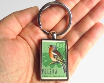 Chirping Chaffinch Keyring - recycled 1966 Poland postage stamp