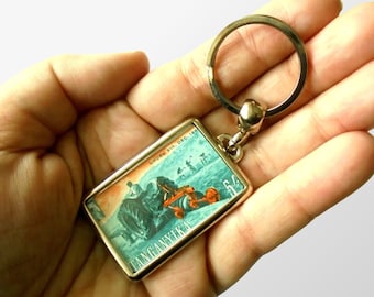 Tractor Keyring, made with upcycled vintage 1961 postal stamp