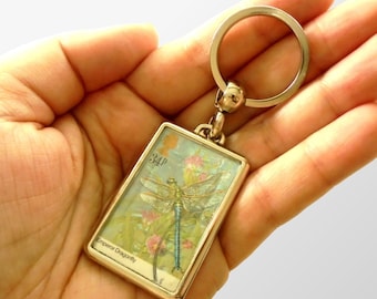 Dragonfly Keyring - upcycled 1985 GB postage stamp