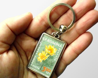 Yellow Pheasant's Eye Keyring - upcycled 1959 Romania postage stamp