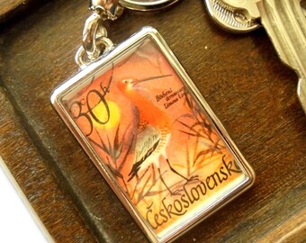 Godwit Keyring - upcycled 1967 Czech postage stamp