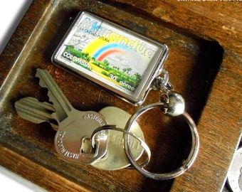 Rainbow Landscape Keyring - upcycled 1984 postage stamp from Colombia