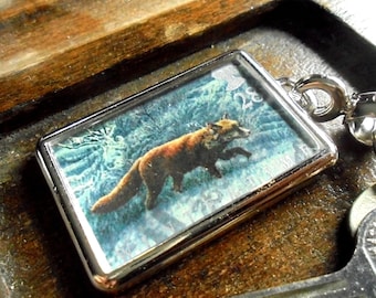 Winter Fox Keyring - Country Wildlife, upcycled 1992 GB postage stamp