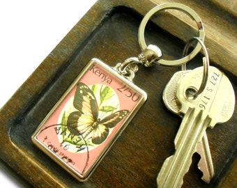 Blue Spotted Arab Butterfly Keyring - upcycled 1988 Kenya postage stamp