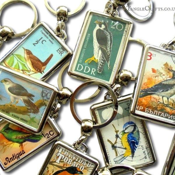 Bird Postage Stamp Keyring - single or mixed set | Real upcycled vintage postal stamp keychain | gift for bird lover twitcher ornithologist