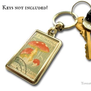 May include: A silver key chain with a rectangular charm featuring a vintage Romanian postage stamp with a mushroom illustration. The stamp reads "R.P. ROMINA" and "POSTA 20 BAN".