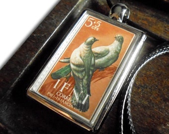 Pair of Doves Reversible Choker - upcycled 1957 postage stamp from Ifni