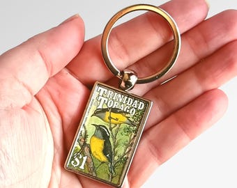 Bananaquit Pair Keyring - upcycled 1990 postage stamp from Trinidad & Tobago