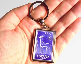 Mountain Gazelle Keyring - upcycled 1964 postage stamp from Ifni