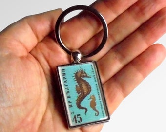Seahorse Keyring - made with vintage 1961 postage stamp from Bulgaria