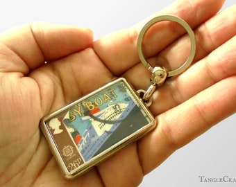 Retro Mail Boat Keyring - real 1988 GB postage stamp, vintage poster style