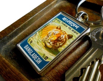 Bengal Tiger Keyring - upcycled 1974 used postage stamp from Bangladesh