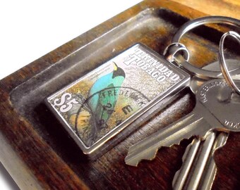 Green Honeycreeper Keyring - upcycled 1990 postage stamp from Trinidad & Tobago