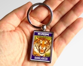 Roaring Bengal Tiger Keyring - upcycled 1974 used postage stamp from Bangladesh