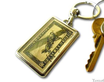 Airmail Airplane Keyring - real 1933 postage stamp from French IndoChina