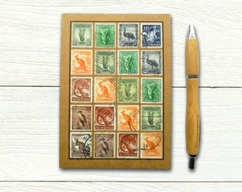 Australia Wildlife Journal, upcycled A6 notebook with real vintage stamps