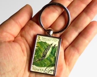 Black Throated Loon Keychain - upcycled 1976 vintage postage stamp