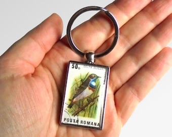 Bluethroat Keyring made with vintage 1983 Romania postage stamp