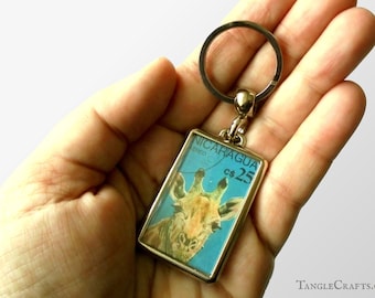 Close-up Giraffe Keyring - upcycled 1986 Nicaragua postage stamp