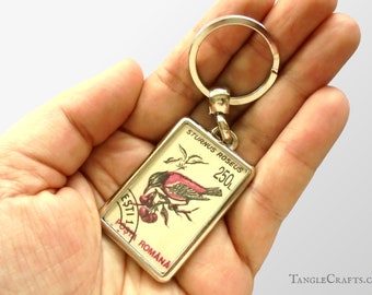 Rosy Starling Keyring - upcycled 1993 Romania postage stamp