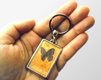 Orange Butterfly Keyring, upcycled vintage stamp keychain | butterfly ephemera, nature lover gift, silver metal keyfob | 1973 anniversary