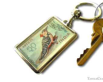 Woodpecker Keyring - upcycled 1968 India postage stamp