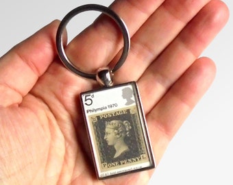 Penny Black Keyring - real commemorative 1970 GB postage stamp