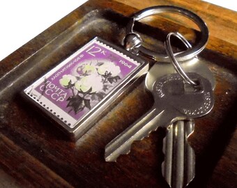 Cotton Plant Keyring - upcycled vintage postage stamp, USSR 1964
