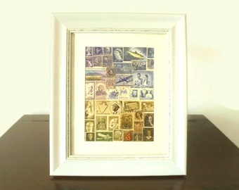 Sunset Camel Stamp Art - Small Framed Collage, Recycled World Stamps