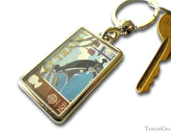 Mallard Train Keyring - real 1988 GB postage stamp, retro poster style