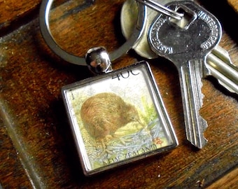 Kiwi Keyring - upcycled New Zealand postage stamp from 1988
