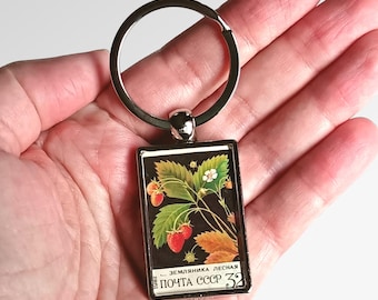 Wild Strawberries Keyring made with upcycled 1982 vintage postage stamp from USSR