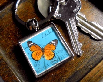 Purple Butterfly Keyring - upcycled Ecuador postage stamp from 1970