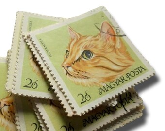 Domestic Ginger Cat on Pale Green - Square Vintage Postage Stamps - Hungary 1968