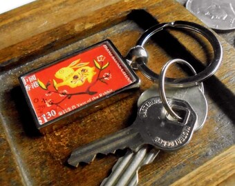 Chinese Year of the Rabbit Keyring made with postage stamp from Hong Kong, 1999