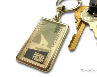 Stylised Polar Bear Keyring - upcycled 1958 postage stamp from Poland