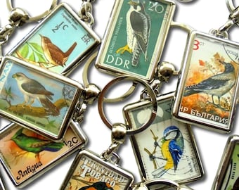 Bird Postage Stamp Keyring - Single or Set, made with real vintage stamps