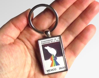 Dove & Rainbow Keyring - upcycled 1985 Mexico postage stamp