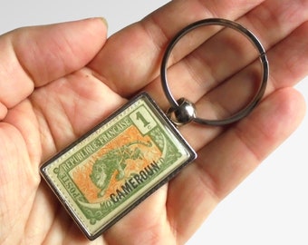 Prowling Leopard Keyring - antique 1921 postage stamp from Cameroon