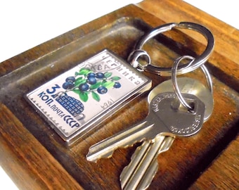 Bilberry Keyring made with upcycled 1964 vintage postage stamp from USSR