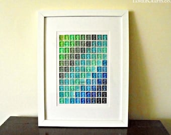 Framed Postage Stamp Art - green turquoise blue British stamps | Retro recycled office wall art | Ombre stripe or chevron design 13"x17" UK