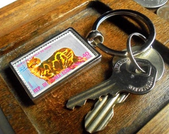 Manx Cat Keyring, upcycled 1975 postage stamp from Equatorial Guinea