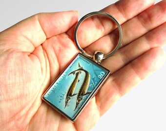 Sterlet Fish Keyring - upcycled vintage 1967 postage stamp from Hungary
