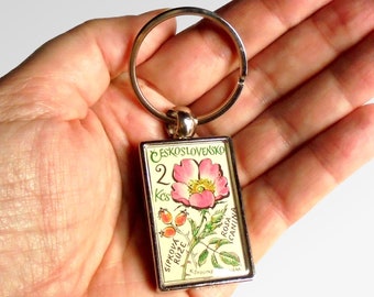 Botanical Dog Rose Keyring - upcycled 1965 Czech postage stamp