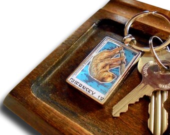 Two Toed Sloth Keyring, upcycled 1989 postage stamp from Guernsey