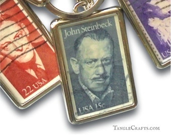 John Steinbeck Keyring - upcycled 1979 USA postal stamp