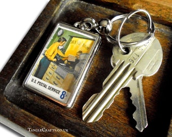 Post Office Clerk Keychain, made using vintage 1973 USA postage stamp