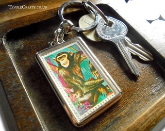 Chimpanzee Keyring, upcycled postage stamp from Equatorial Guinea