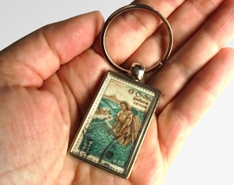 Tea Picker Keyring, upcycled vintage 1964 Ceylon postage stamp