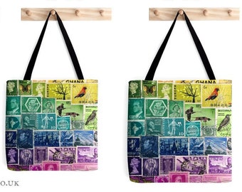 Postage Stamp Tote Bag - Medium and Large Size to pre-order | all over print fabric, long handled purse, lined shopper, book bag school bag